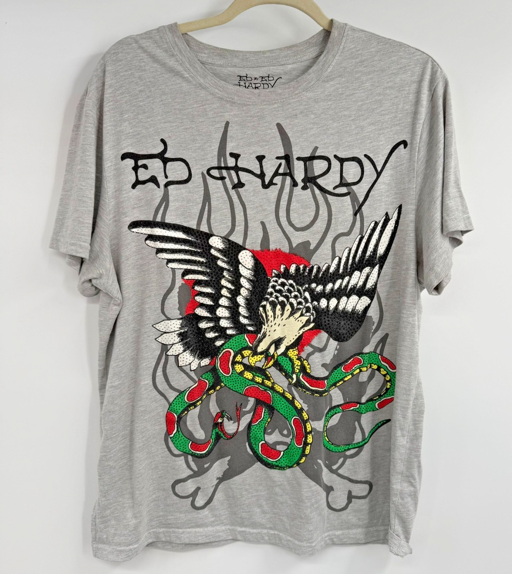 Ed Hardy Eagle Snake Graphic T Shirt Mens Large Gray Rhinestone Y2K EHMB1100-9RS